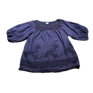 Sundance Women's Navy Blue Floral Boho Hippie Victorian Blouse Top Puff SleeveXL